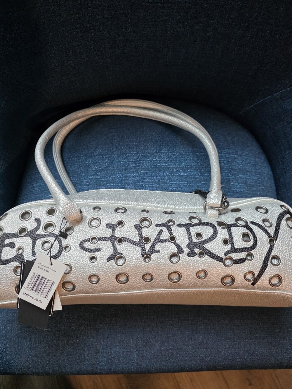 Ed Hardy Metallic Silver Studded Handbag with Script Detail